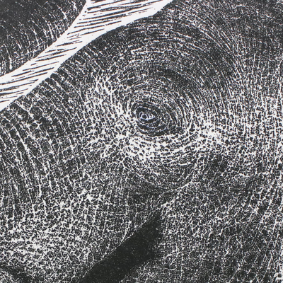 „Watching the Moon“ – Signiertes Gemälde eines Elefanten in Schwarz und Weiß