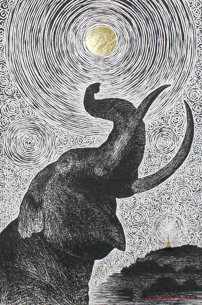 'Under the Moon and Star' - Pintura firmada de un elefante y una luna de Tailandia
