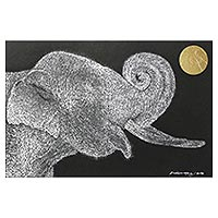 'Pray to the Moon' - Signed Painting of an Elephant with a Golden Moon