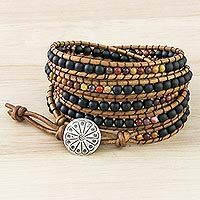 Jasper beaded wrap bracelet, 'Midnight Walk' - Jasper and Glass Beaded Wrap Bracelet from Thailand