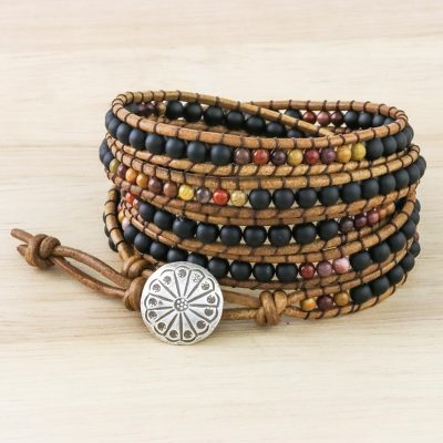 Jasper beaded wrap bracelet, 'Midnight Walk' - Jasper and Glass Beaded Wrap Bracelet from Thailand