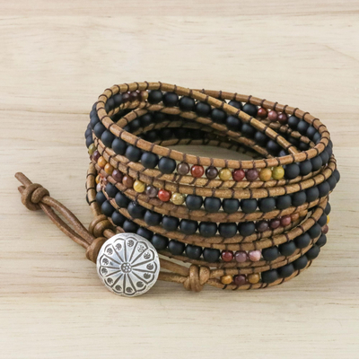 Jasper beaded wrap bracelet, 'Midnight Walk' - Jasper and Glass Beaded Wrap Bracelet from Thailand