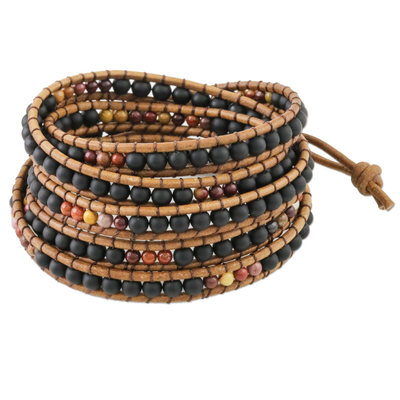 Jasper beaded wrap bracelet, 'Midnight Walk' - Jasper and Glass Beaded Wrap Bracelet from Thailand