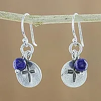 Lapis lazuli dangle earrings, 'Subtle Cross' - Lapis Lazuli Cross Dangle Earrings from Thailand