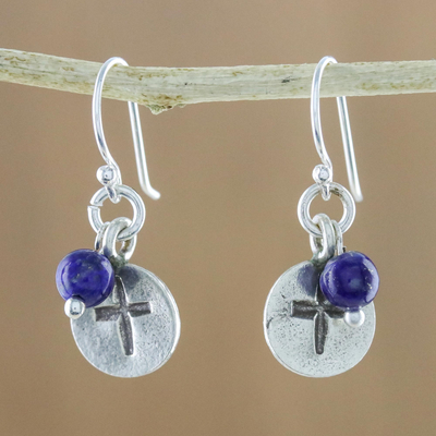 Lapis lazuli dangle earrings, 'Subtle Cross' - Lapis Lazuli Cross Dangle Earrings from Thailand