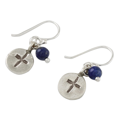 Lapis lazuli dangle earrings, 'Subtle Cross' - Lapis Lazuli Cross Dangle Earrings from Thailand
