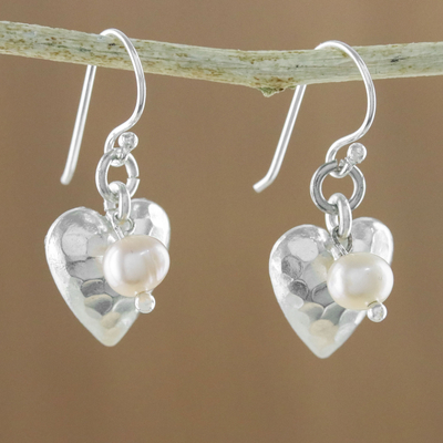 Cultured pearl dangle earrings, 'Fabulous Hearts' - Cultured Pearl and Silver Heart Earrings from Thailand