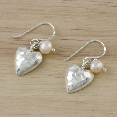 Cultured pearl dangle earrings, 'Fabulous Hearts' - Cultured Pearl and Silver Heart Earrings from Thailand