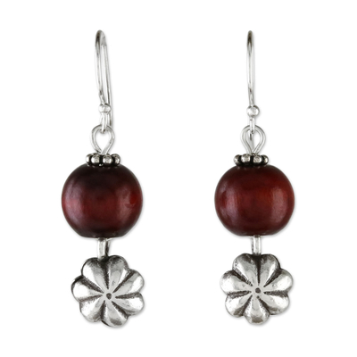 Silver dangle earrings, 'Littleleaf Flowers' - Floral Karen Silver and Wood Dangle Earrings from Thailand