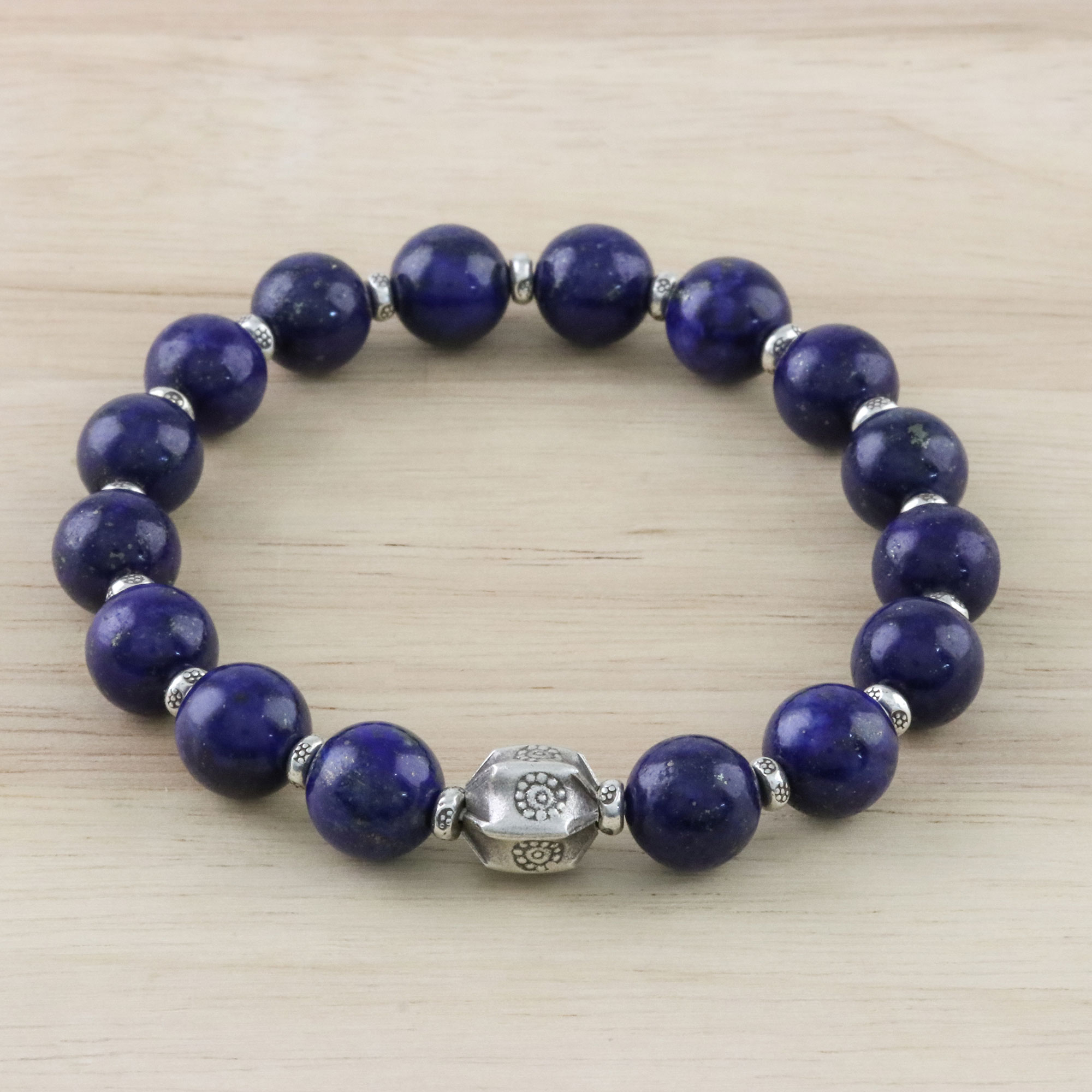 Karen Silver and Lapis Lazuli Beaded Bracelet from Thailand ...