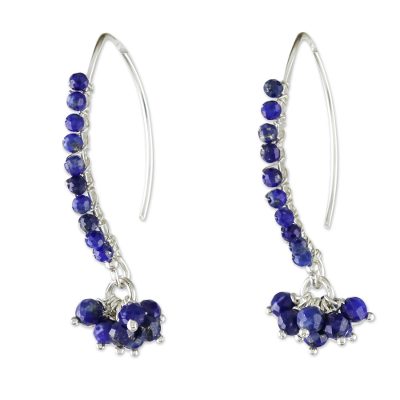 Lapis lazuli beaded dangle earrings, 'Dancing Gleam' - Blue Lapis Lazuli Beaded Dangle Earrings from Thailand