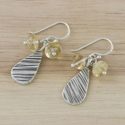 Citrine dangle earrings, 'Lucky Texture' - Citrine and Karen Silver Dangle Earrings from Thailand