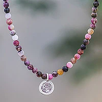 Tourmaline beaded pendant necklace, 'Beautiful Om' - Tourmaline Om Beaded Pendant Necklace from Thailand