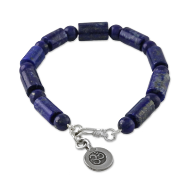 Lapis lazuli beaded bracelet, 'Oceanic Om' - Lapis Lazuli Om Beaded Bracelet from Thailand
