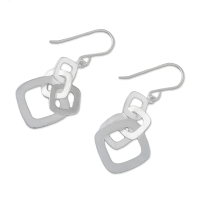 Sterling silver dangle earrings, 'Interlinked Squares' - Square Motif Sterling Silver Dangle Earrings from Thailand
