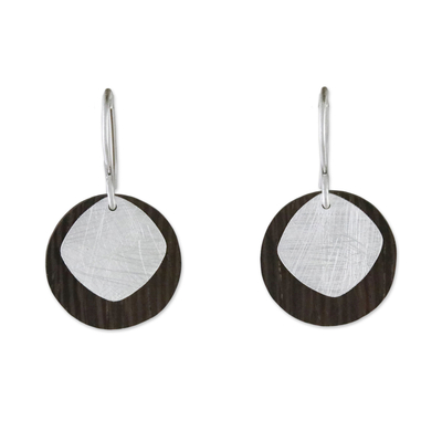 Sterling silver and wood dangle earrings, 'Simple and Smart' - Modern Thai Sterling Silver and Wood Dangle Earrings