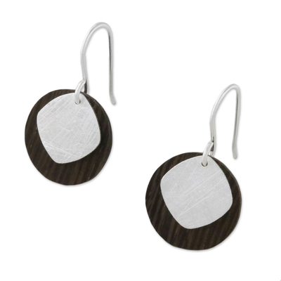 Sterling silver and wood dangle earrings, 'Simple and Smart' - Modern Thai Sterling Silver and Wood Dangle Earrings