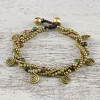 Agate beaded charm bracelet, 'Delightful Spirals' - Agate and Brass Beaded Charm Bracelet from Thailand