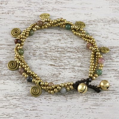 Agate beaded charm bracelet, 'Delightful Spirals' - Agate and Brass Beaded Charm Bracelet from Thailand