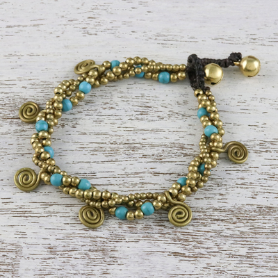 Calcite beaded charm bracelet, 'Delightful Spirals' - Calcite and Brass Beaded Charm Bracelet from Thailand