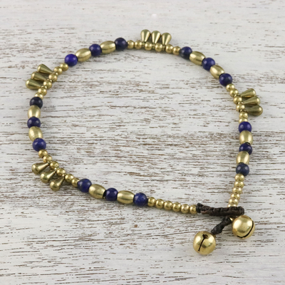 Lapis lazuli beaded anklet, 'Musical Wanderer' - Lapis Lazuli and Brass Beaded Anklet from Thailand
