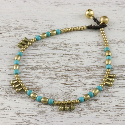 Calcite beaded anklet, 'Musical Wanderer' - Calcite and Brass Beaded Anklet from Thailand