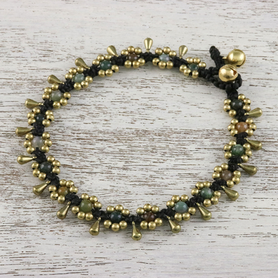 Agate beaded anklet, 'Elegant Rain' - Agate Beaded Anklet with Bells from Thailand