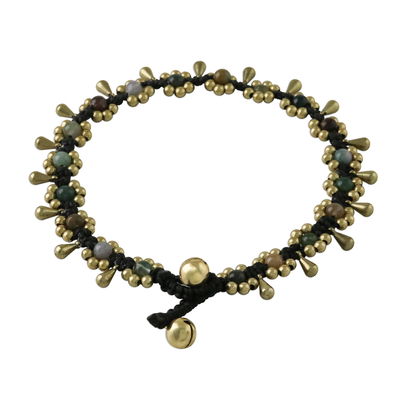 Agate beaded anklet, 'Elegant Rain' - Agate Beaded Anklet with Bells from Thailand