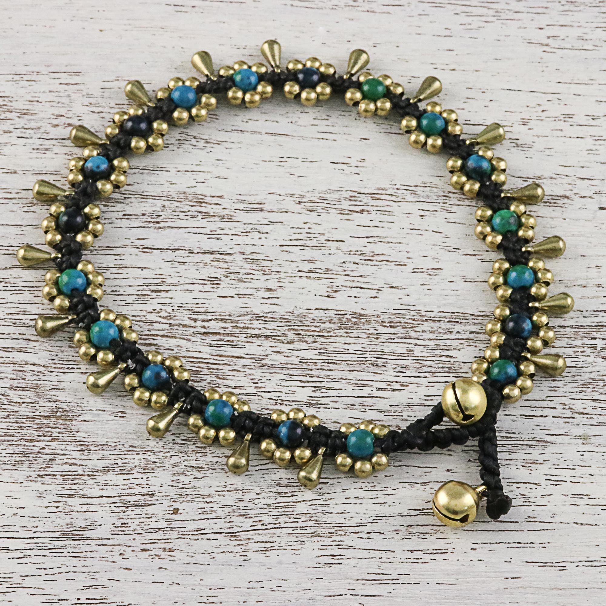 Serpentine Beaded Anklet with Bells from Thailand, 'Elegant Rain'