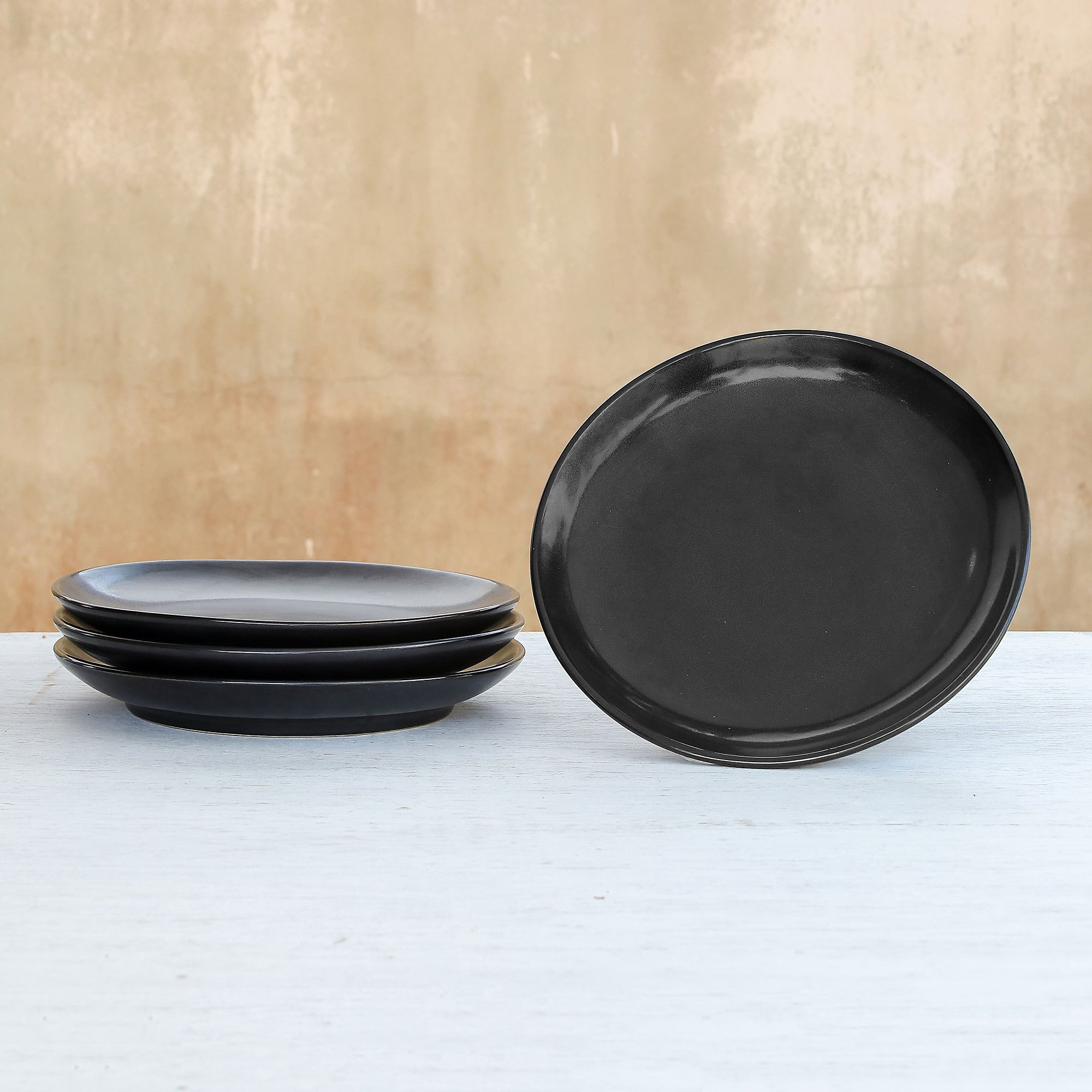 Black Ceramic Salad Plates from Thailand (Set of 4) Subtle Flavor