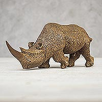 Wood sculpture, 'Charging Rhino' - Handmade Raintree Wood Rhino Sculpture from Thailand