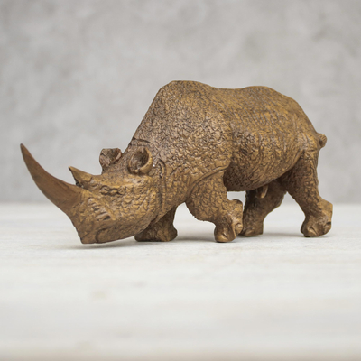 Wood sculpture, 'Charging Rhino' - Handmade Raintree Wood Rhino Sculpture from Thailand