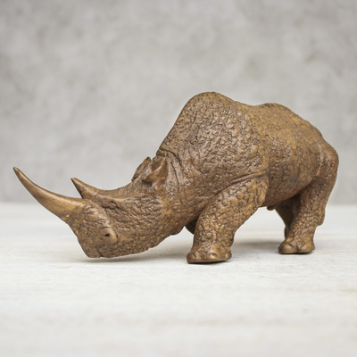 Wood sculpture, 'Respectful Rhino' - Raintree Wood Rhinoceros Sculpture from Thailand