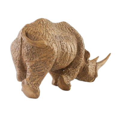 Wood sculpture, 'Respectful Rhino' - Raintree Wood Rhinoceros Sculpture from Thailand