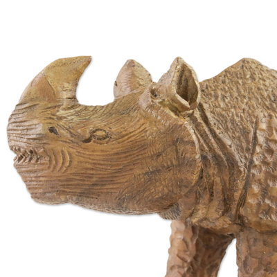 Wood sculpture, 'Awestruck Rhino' - Hand-Carved Wood Rhino Sculpture from Thailand