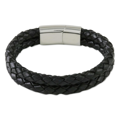 Men's leather braided wristband bracelet, 'Strong Friends in Black' - Men's Leather Wristband Bracelet in Black from Thailand