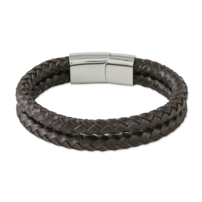 Men's leather braided wristband bracelet, 'Strong Friends in Brown' - Men's Leather Wristband Bracelet in Brown from Thailand