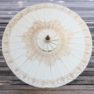 Saa paper parasol, 'Motifs on White' - Saa Paper Parasol in White with Gold Accents from Thailand