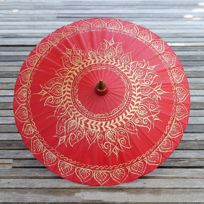 Saa paper parasol, 'Motifs on Red' - Saa Paper Parasol in Red with Gold Accents from Thailand