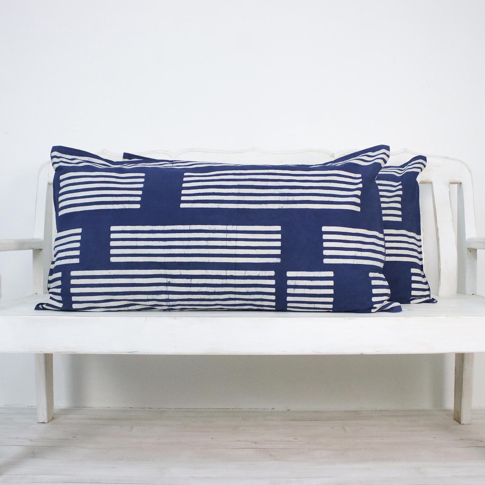 Striped Batik Cotton Pillow Shams from Thailand (Pair) Bamboo Lattice