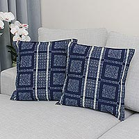 Batik Cotton Cushion Covers in Indigo from Thailand (Pair),'Indigo Passion'