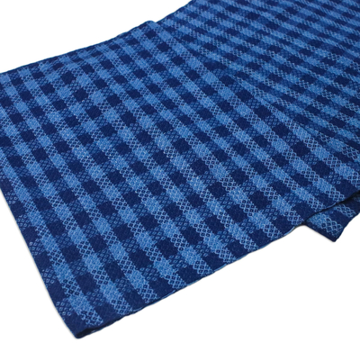 Bufanda de mezcla de algodón y rayón teñida con nudos - Bufanda de mezcla de algodón y rayón teñida con motivo cuadrado en azul