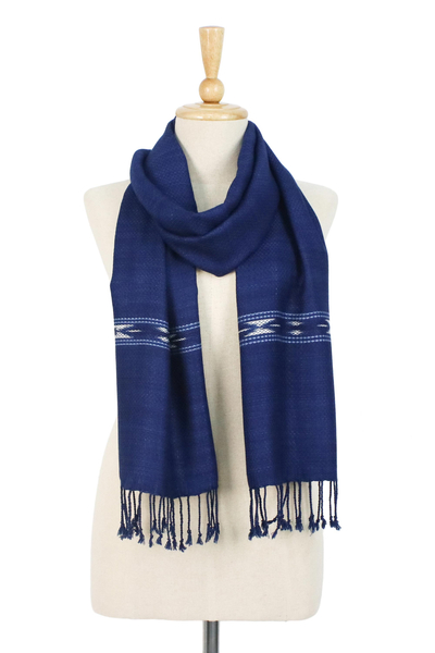 Tie-dyed rayon and cotton blend scarf, 'Indigo Hourglasses' - Tie-Dyed Rayon and Cotton Blend Scarf in Indigo