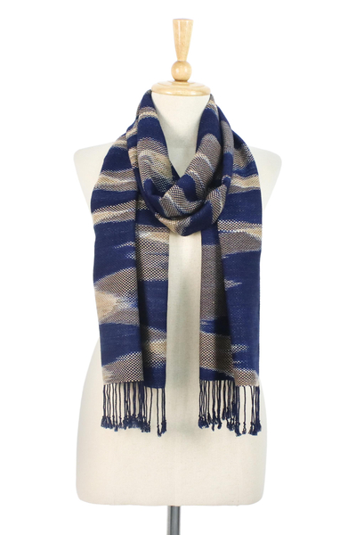 Tie-dyed rayon and cotton blend scarf, 'Lively Waves in Indigo' - Tie-Dyed Rayon and Cotton Blend Scarf in Tan and Indigo