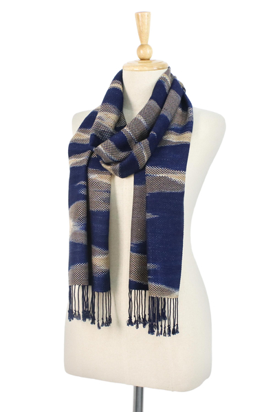 Tie-dyed rayon and cotton blend scarf, 'Lively Waves in Indigo' - Tie-Dyed Rayon and Cotton Blend Scarf in Tan and Indigo