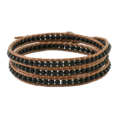 Onyx beaded wrap bracelet, 'Calm Touch' - Onyx Beaded Wrap Bracelet from Thailand