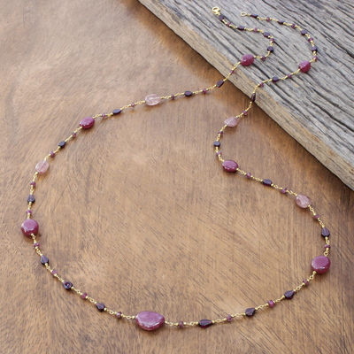 Gold plated multi-gemstone long necklace, 'Chiang Mai Station' - Gold Plated Multi-Gemstone Long Station Necklace
