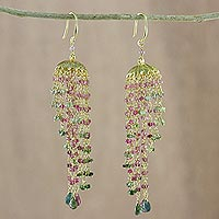 Gold plated tourmaline chandelier earrings, 'Majestic Domes'