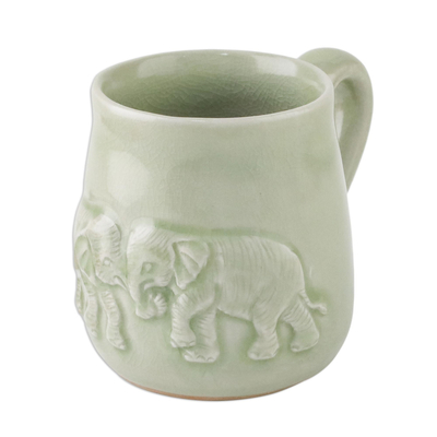 Taza de cerámica celadón - Taza de cerámica Celadon con tema de elefante de Tailandia