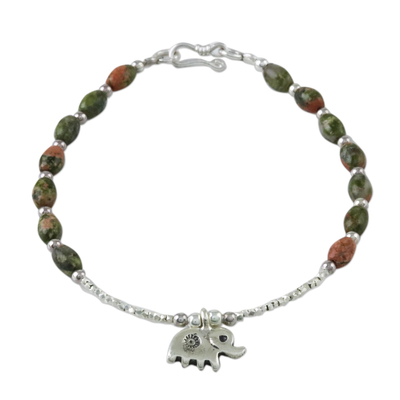 Sterling Silver and Unakite Beaded Elephant Charm Bracelet